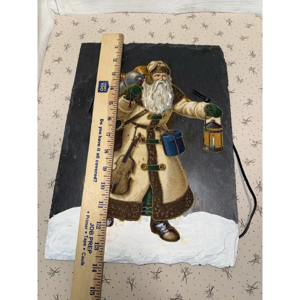 Slate‎ Wall Hanging Olde Father Christmas Primitive Style Fabric On Slate Vtg